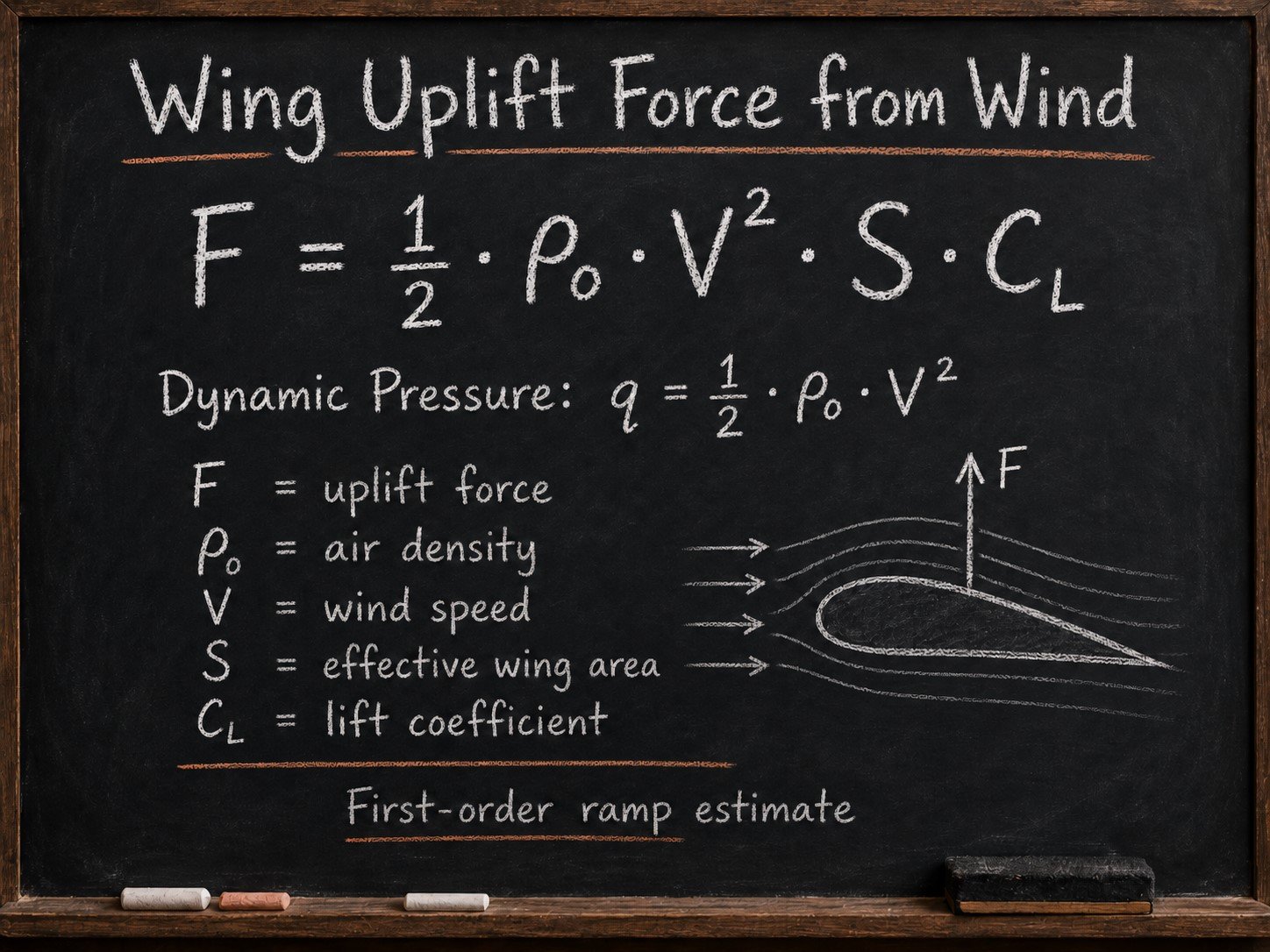Technical graphic showing wind arrows and wing loading